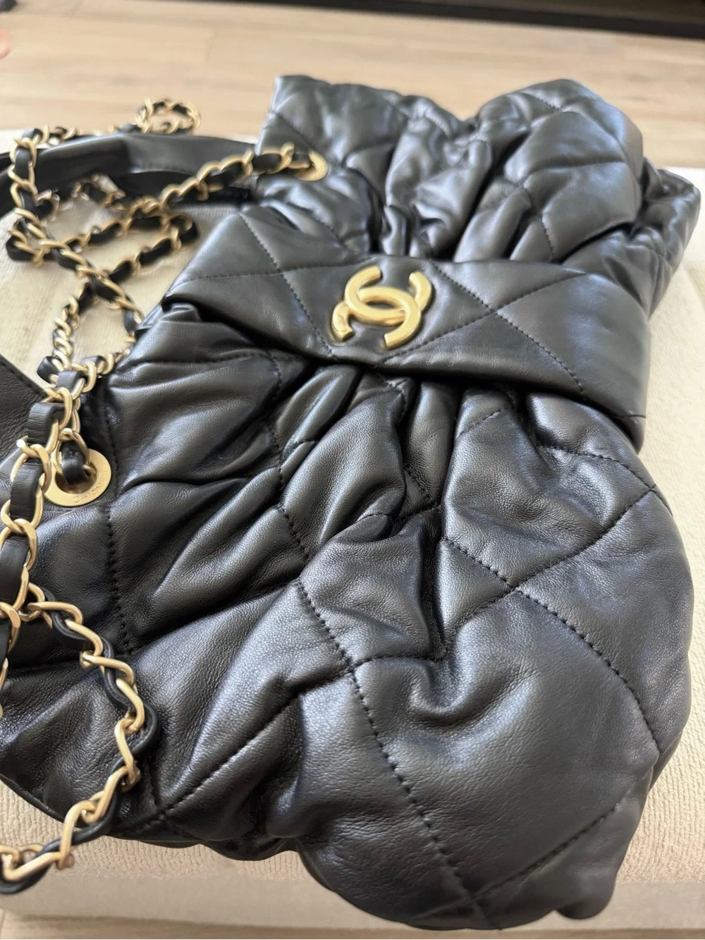 CHANEL 25k Bow Bag Medium Black Quilted Shoulder Bag with Gold CC
